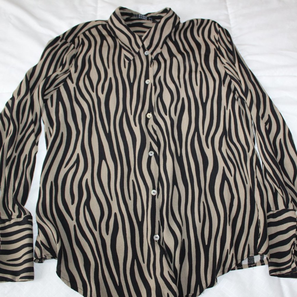 ZARA WOMAN TAN BLACK BUTTON DOWN SHIRT TOP SIZE S LONG SLEEVE BLOUSE